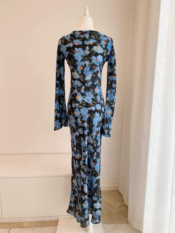 Abito lungo da donna in seta 100% con stampa floreale blu, girocollo, manica lunga, abito slim vintage 3