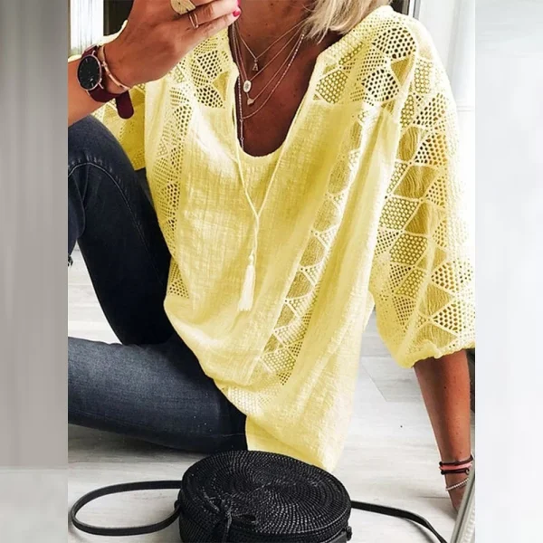 Tunica in cotone e lino da donna Top con scollo a V manica a 3/4 T-shirt allentata casual Moda donna Abbigliamento quotidiano 2023 4