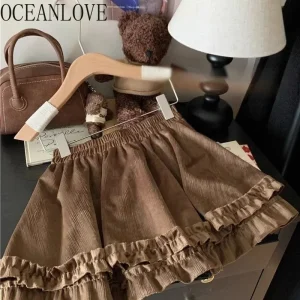 OCEANLOVE Minigonna in velluto con volant Solido Autunno Inverno Gonna donna retrò Moda coreana Vita alta Dolce ed elegante Faldas Mujer 1