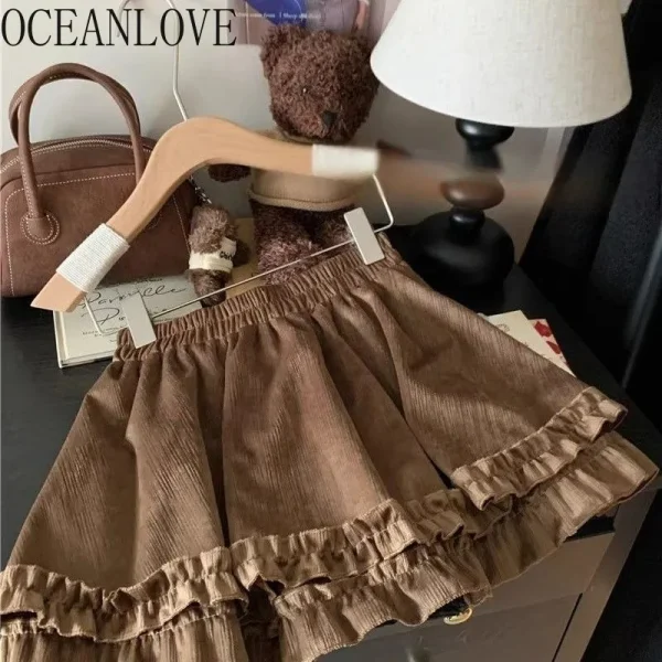 OCEANLOVE Minigonna in velluto con volant Solido Autunno Inverno Gonna donna retrò Moda coreana Vita alta Dolce ed elegante Faldas Mujer 1