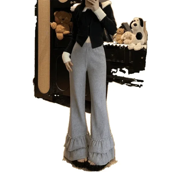 Pantaloni svasati da donna casual all'inizio della primavera con bordi carini Pantaloni lunghi elastici Pantaloni versatili con finiture floreali Dolce adorabile nuovo stile 5