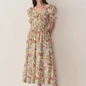 Estate 2025 Abito con stampa floreale colorata Donna con coulisse Elastico in vita Manica a sbuffo 2025 Summer Lady A-line Midi Robe 1