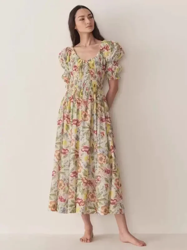 Estate 2025 Abito con stampa floreale colorata Donna con coulisse Elastico in vita Manica a sbuffo 2025 Summer Lady A-line Midi Robe 1