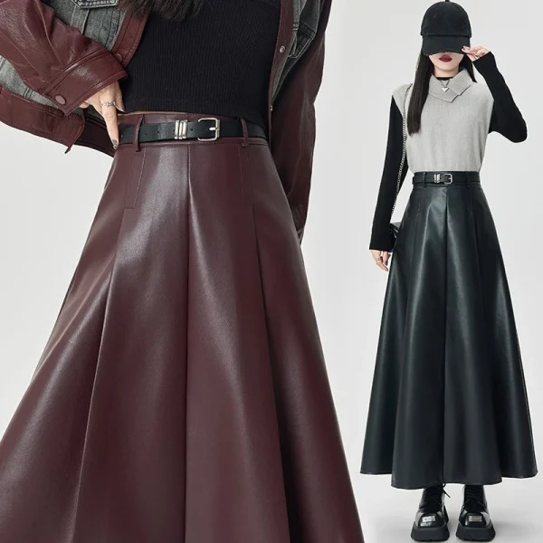 Gonna lunga ombrello da donna in pelle PU nera a vita alta autunno inverno con cintura 2025 nuove gonne a trapezio dritte vintage femminili 3