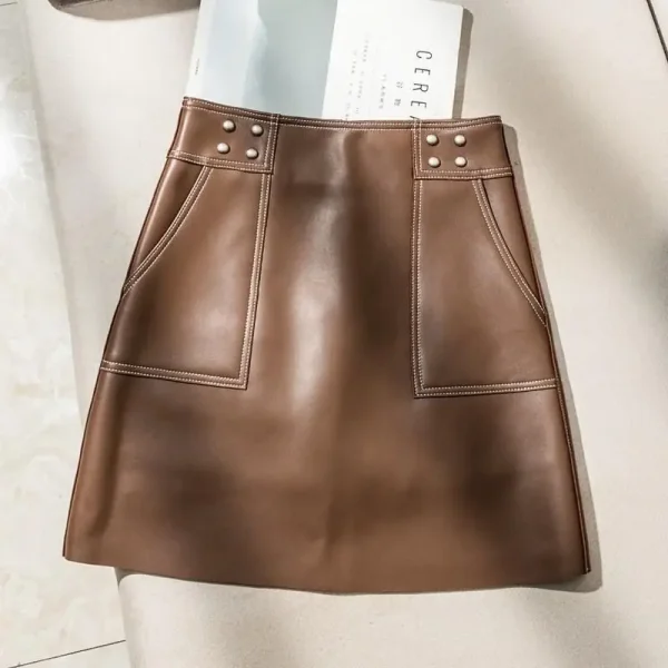 Moda coreana autunno inverno donna tasca con cerniera solida temperamento ufficio signora chic gonna a vita alta corta sottile a trapezio in pelle PU 2