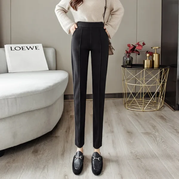 Pantaloni di lana Pantaloni a matita Harem da donna 2024 Autunno Inverno Vita alta Addensare Pantaloni da abito in velluto Pantaloni da donna da ufficio 5