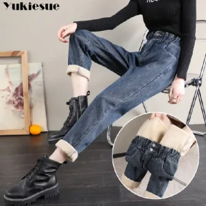 Pantaloni retrò nuovi ispessiti autunno inverno a gamba larga pantaloni Harlan versatili larghi femminili jeans elastici a vita alta femminili 1