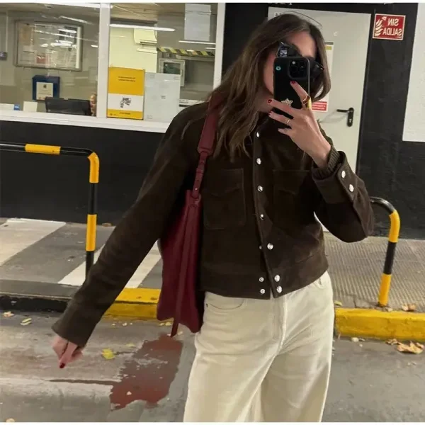 HH Street Fashion Giacca in pelle scamosciata da donna Maniche lunghe tinta unita Tasca con risvolto Decorata Cappotti vintage autunnali per colazione singola 5