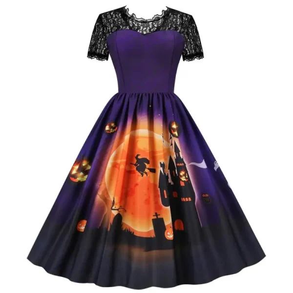 Abito da Halloween Costume da donna in pizzo a maniche corte a vita alta Abiti casual da ballo per feste da sera vintage 5
