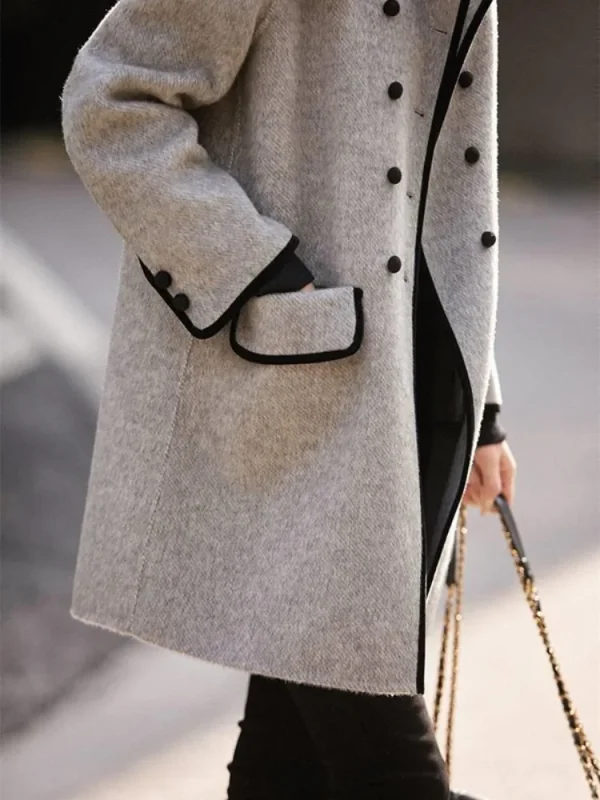Onecozyday Cappotto doppiopetto grigio da donna Colletto dentellato Maniche lunghe Capispalla larghi 2025 Autunno Nuovi cappotti di tweed 5