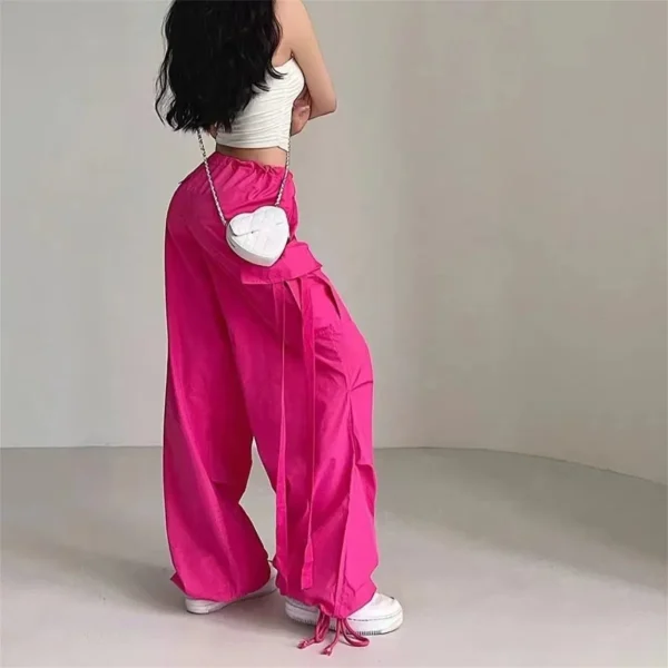 Pantaloni cargo rossi Pantaloni casual da donna Pantaloni hip-hop larghi a vita alta Pantaloni punk coreani Pantaloni con tasche capri divertenti Femme 3