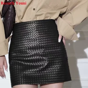 Gonna in pelle lavorata a maglia per le donne Primavera Nuova pelle di pecora genuina di fascia alta Semplice versatile A-line corta Jupe Mujer Tessuto a mano Saias 1