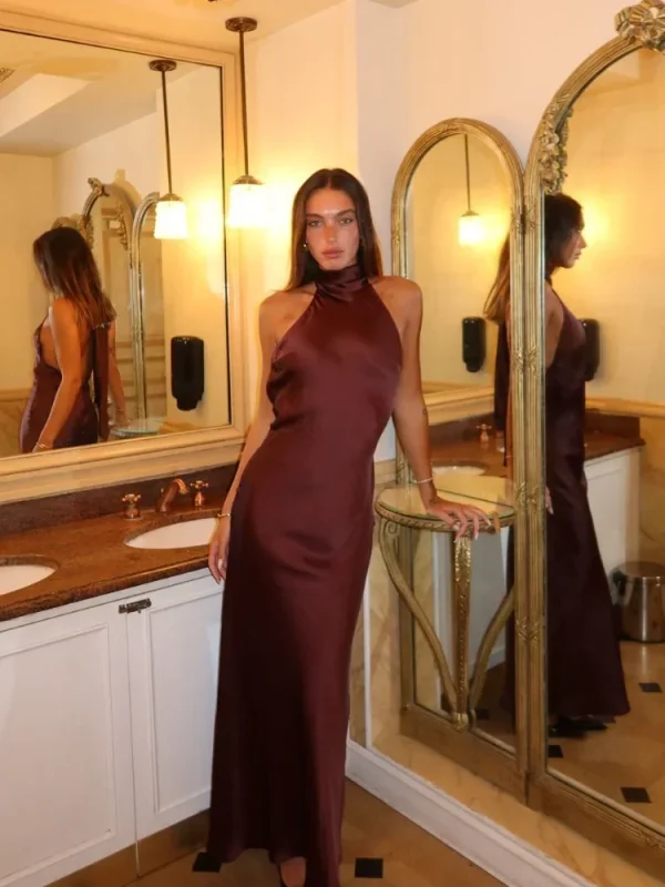Elegante abito lungo con lacci in raso marrone con scollo all'americana Abiti aderenti senza maniche senza spalline sexy con spalle scoperte Autunno New Lady Party Robe 4