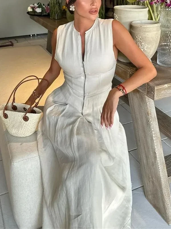MUJER Abito lungo con cerniera Donna Abito aderente senza maniche pieghettato Abiti da festa eleganti estivi per le donne 2025 Nuovi abiti midi 2