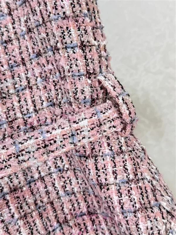 Abito da donna elegante finto in due pezzi patchwork di tweed a pieghe senza maniche colletto rovesciato mini vestaglia di lusso da donna con fasce 5