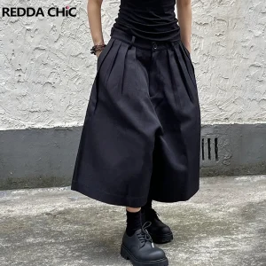 REDDACHiC Pantaloni larghi neri unisex da donna Bloomers a vita alta pieghettati sul davanti tinta unita casual pantaloni corti a gamba extra larga Acubi Fashion 1