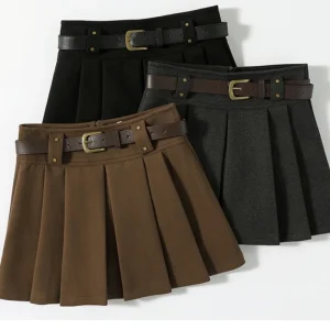 Gonna di lana caffè stile preppy per le donne Autunno Inverno 2025 Minigonna chic a vita alta femminile coreana spessa capispalla Faldas 1