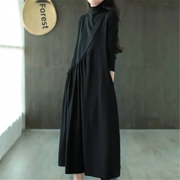2021 Primavera da donna Artistico Vintage Vestibilità ampia Mezza polo/Collo tartaruga Abito dimagrante di media lunghezza Elegante gonna che riduce l'età 4