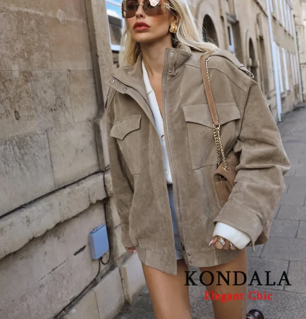 KONDALA Autunno Donna Elegante Giacca in pelle scamosciata Colletto rialzato Giacca ampia con cerniera grigia 2025 Giacca da donna streetwear autunno inverno 5