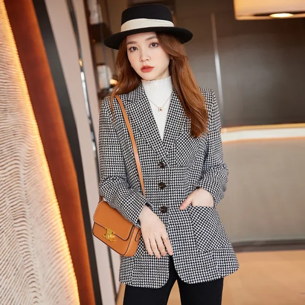 Blazer scozzese da caffè donna Tempeament Wool manica lunga New Fashion Slim Jacket Office Ladies Work Coat top grigi 3