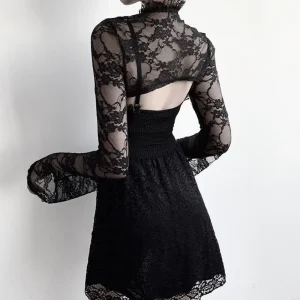 L93f Women Women Fleeve Vintage Long Slee Bolero Stand Collar Floral Lace Grolla 1