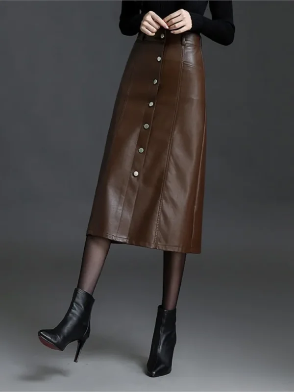 ZUZK gonna a trapezio in pelle Pu da donna 2024 autunno inverno elastc bottone in vita decorativo elegante gonna da donna da ufficio 2 colori 2