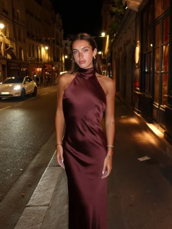 Elegante abito lungo con lacci in raso marrone con scollo all'americana Abiti aderenti senza maniche senza spalline sexy con spalle scoperte Autunno New Lady Party Robe 3