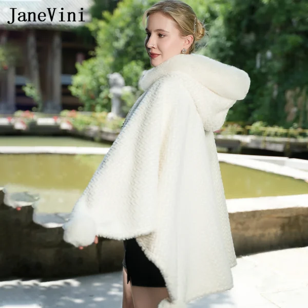 JaneVini Inverno Avorio Con Cappuccio Pelliccia Da Sposa Bolero Fiesta Mujer Elegante Cappotto di Pelliccia Sintetica per Scialle Da Sposa Mantello Coprispalle Sposa Wrap Cape 3
