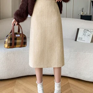 Moda streetwear gonna invernale midi donna elegante gonne da ufficio aderenti a vita alta gonna lunga divisa in lana solida da donna 1