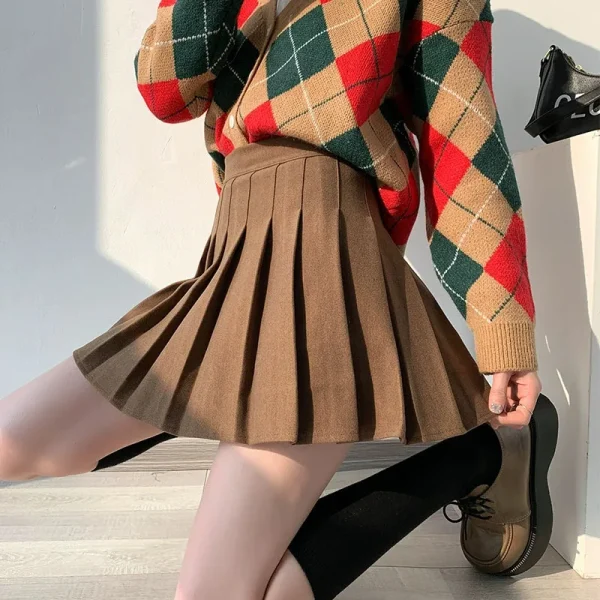 Gonne a pieghe di lana autunno inverno Donna Nuova minigonna dimagrante a vita alta coreana Gonna a trapezio con cerniera laterale stile preppy da donna 5