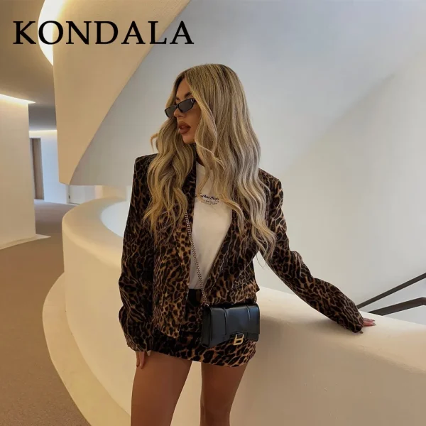 KONDALA 2025 Autunno Inverno Office Lady Stampa Abiti leopardati Moda Vintage Bottone singolo Blazer corti Chic Minigonne da donna 3