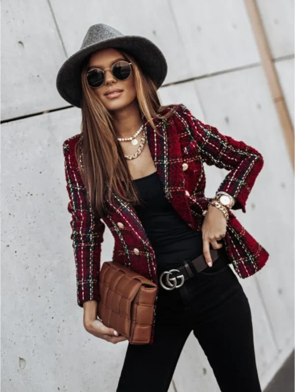 Donna New Vintage manica lunga doppio petto giacca scozzese cappotto tasche con patta bottoni casual giacca autunnale capispalla femminile 3