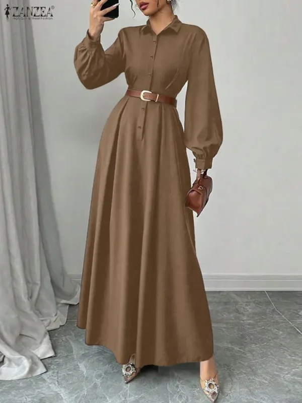 2025 ZANZEA Autunno Elegante Manica Lunga Lanterna Abiti Ufficio Abito da Donna Elegante Vita Maxi Robe Solido Pieghettato Vestito Estivo da Lavoro 3