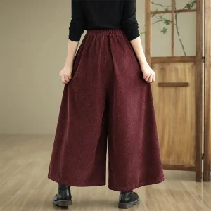 Pantaloni a gamba larga in velluto a coste Primavera Autunno da donna Pantaloni larghi taglie forti Culottes Tasca alla moda Gonna pantalone in vita elastica Donna 1