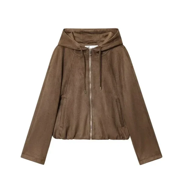 Giacca da pilota con cappuccio da donna Cappotto con cerniera calda con superficie in pelle scamosciata Top casual con cappuccio alla moda a maniche lunghe e vestibilità ampia 3