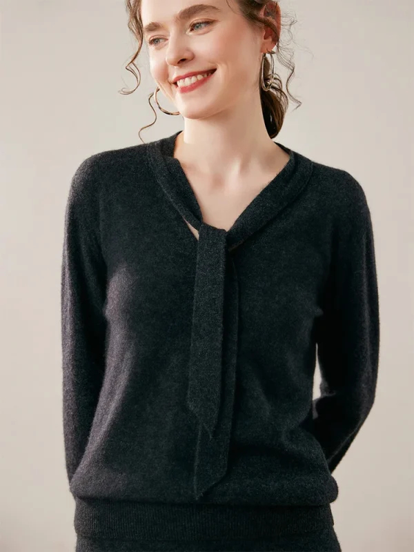 Maglione da donna elegante 100% maglione di cashmere pullover vestiti sciarpa colletto nastro stile dolce maglia autunno inverno top a maniche lunghe 4