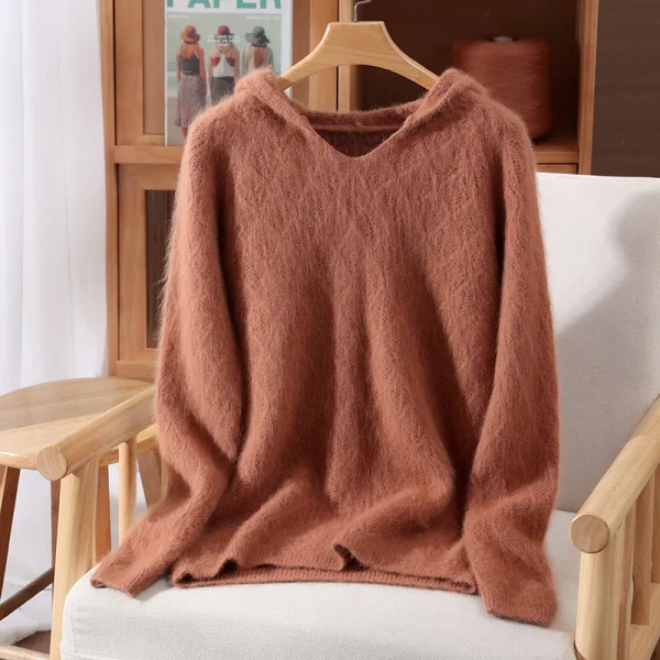 Autunno Inverno Donna 100% puro visone cashmere cappuccio scollo a V e pullover maglione casual allentato versatile maglione lavorato a maglia tinta unita 6