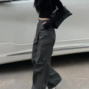 HOUZHOU Pantaloni Cargo da Donna Grigio Vintage Y2k Baggy Stile Coreano Pantaloni a Vita Alta Techwear Estetica Femminile Streetwear Hippie 1