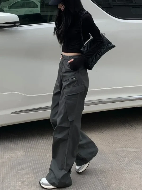 HOUZHOU Pantaloni Cargo da Donna Grigio Vintage Y2k Baggy Stile Coreano Pantaloni a Vita Alta Techwear Estetica Femminile Streetwear Hippie 1