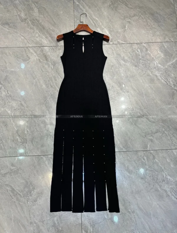 Abito da donna lungo con spacco in maglia elasticizzata scavata impreziosito da donna 4