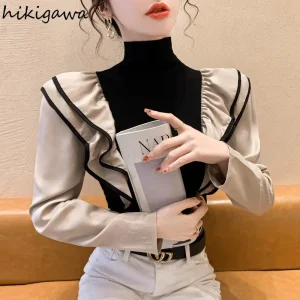 Colore a contrasto Donna T-shirt Dolcevita a maniche lunghe Slim Fit Tees Coreano Camisetas Moda Ruffles Y2k Tshirt 2025 Ropa Mujer 1