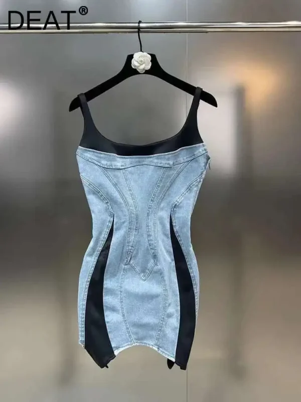 DEAT New Fashion women's Patchwork Elastic Denim Sling Dress 2024 autunno Trendy senza maniche Wrap Hip Dresses donna 11 xx8995 1