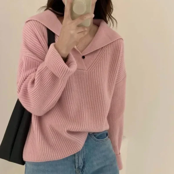 2025 Maglione lavorato a maglia strutturato con colletto blu scuro alla moda da donna Top casual pullover morbido e caldo stile pigro invernale 6