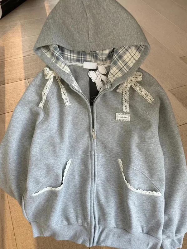 Zoki Felpe con cappuccio patchwork in pizzo da donna Felpa a maniche lunghe con fiocco carino Stile preppy giapponese Dolce manica lunga allentata Capispalla femminile grigio 5