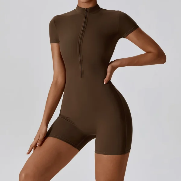 Tuta da yoga a maniche corte con cerniera da donna - Tutina fitness attillata traspirante ad asciugatura rapida per abbigliamento sportivo da corsa in palestra 5