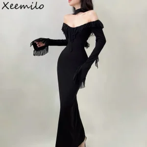 Xeemilo Elegante abito da sera con volant in rete Temperamento Colletto tondo Slim Manica lunga Maxi abiti Donna Elegante Party Club Robe 1