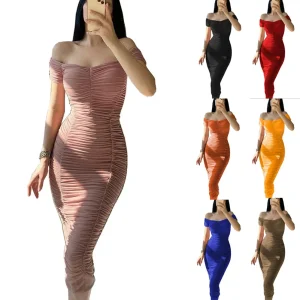 Gonna lunga tinta unita in stile europeo e americano, temperamento elegante, abito estivo da donna, abito plissettato con una spalla 1