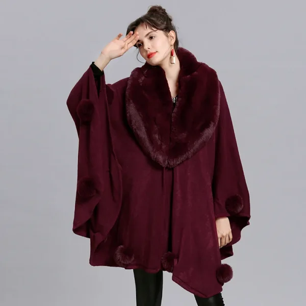 Mantelle a pendolo grande da donna Poncho scialle con palla di pelo invernale maglione lavorato a maglia oversize grande Cardigan con collo in pelliccia di volpe sintetica soprabito con Pompon 4