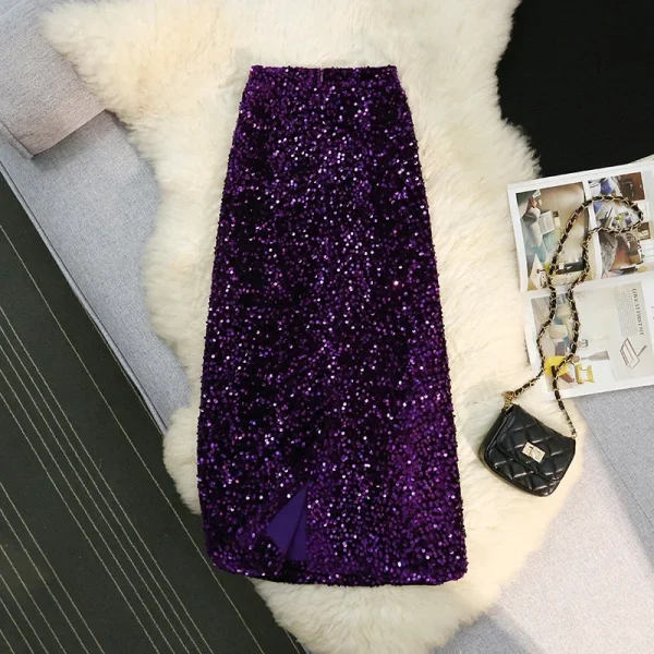Seoulish Autunno Inverno Velluto A Vita Alta Con Paillettes Wrap A-Line Gonne 2024 Nuovo Elegante Indietro Split Gonne a Matita Femminile 4
