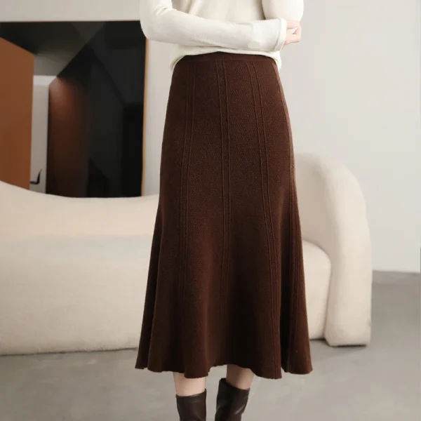 Gonna lavorata a maglia in pura lana al 100% Autunno e inverno da donna Nuova gonna lunga a vita alta e anca di media lunghezza Gonna ombrello in cashmere sottile 4